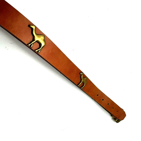 Women's Large Brown Leather Belt Gold Buckle Embellished Metal Camels Vintage - Picture 5 of 7